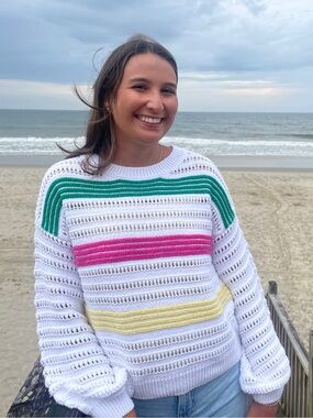 White Knit Sweater with Green, Pink & Yellow Stripes